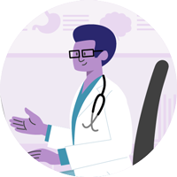 Илюстрация на усмихнат лекар със стетоскоп, символизиращ медицинска грижа и подкрепа